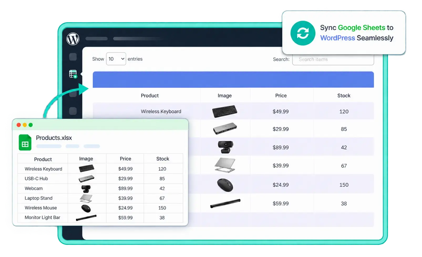 A WooCommerce product table in WordPress synced from a Google Sheet, showing product names, images, prices and stock levels