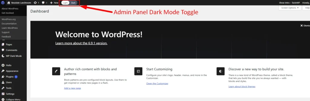 Admin panel dark mode