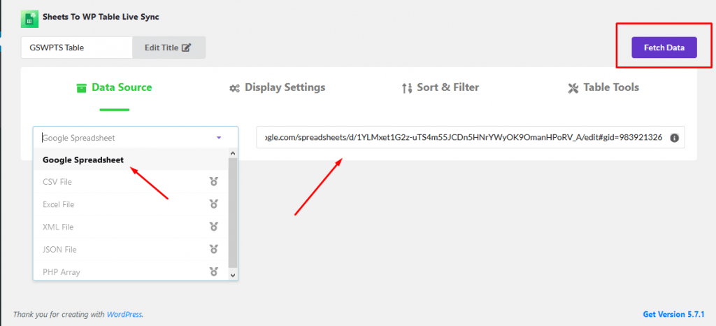 Fetch data from Google Sheets to WP Table Live Sync plugin