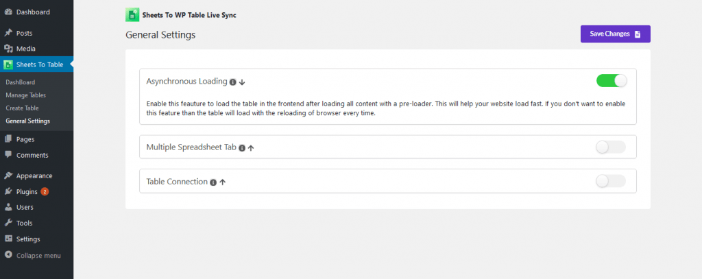 General settings for Google Spreadsheet to WP Table Live Sync