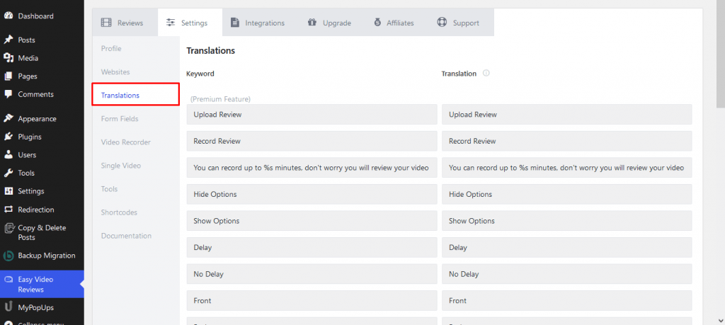 translations settings of WordPress video testimonial plugin