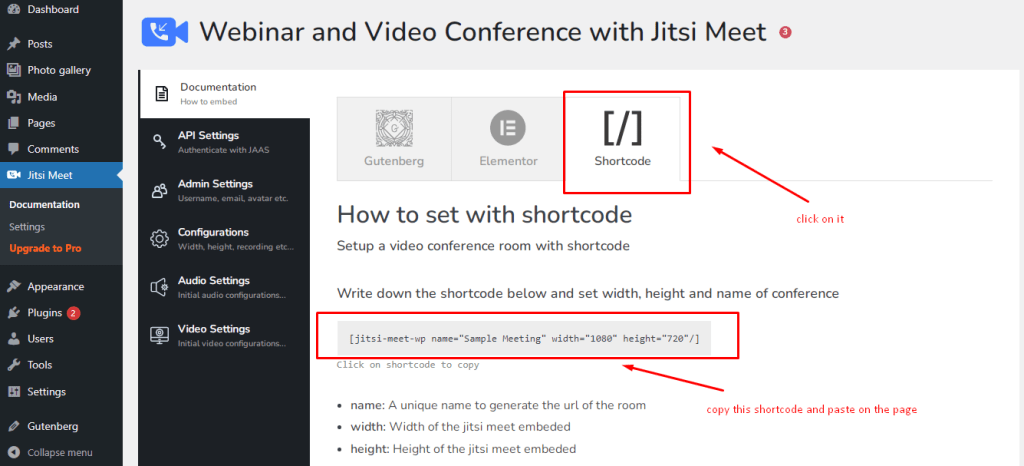 How to use shortcode to display meeting with Jitsi Meet