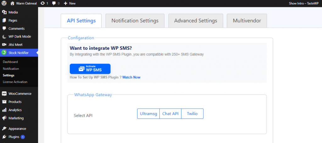 WhatsApp Stock Notifier for WooCommerce new API Settings with WP SMS integration.