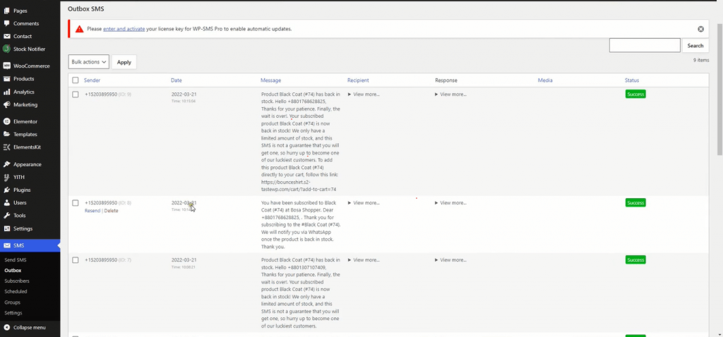 WP SMS outbox settings