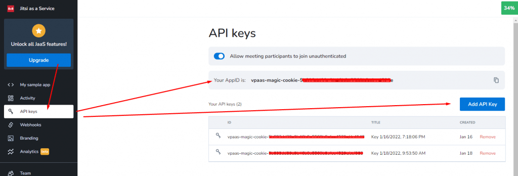 How to get the app ID, API key, and private key in Jitsi Meet