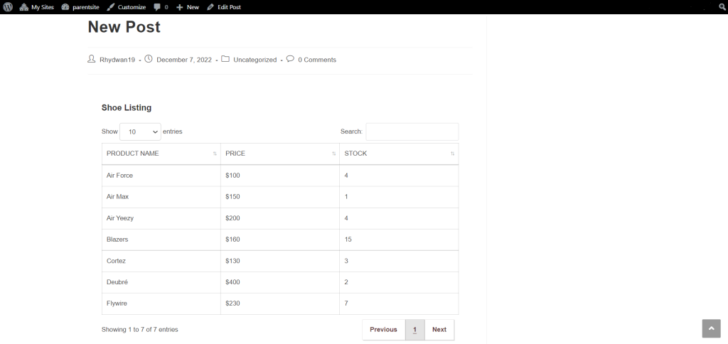 WordPress Table on website front-end