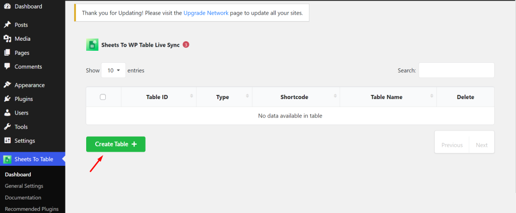 Select Create Table from plugin dashboard