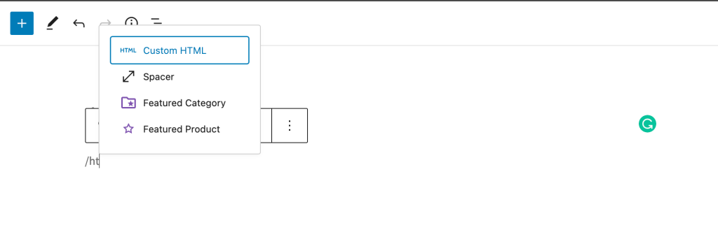 Select Custom HTML block in WordPress