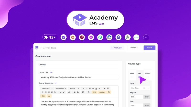 Academy LMS course creation dashboard
