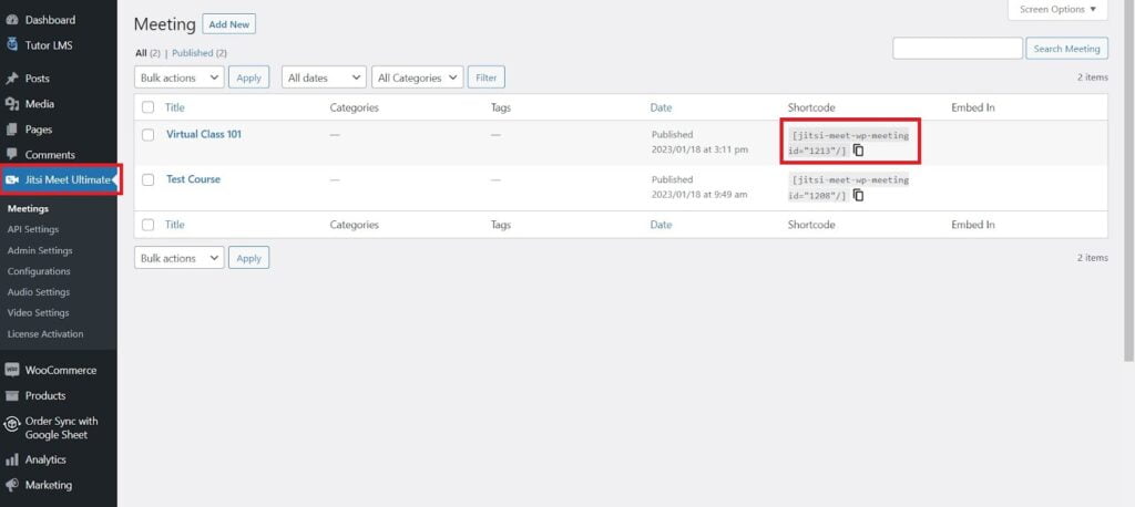 Copy the generated Jitsi Meeting shortcode