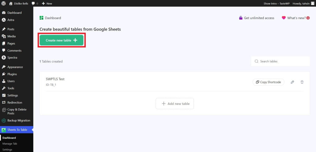 How to create a new table with Google Sheets to WP Table Live Sync