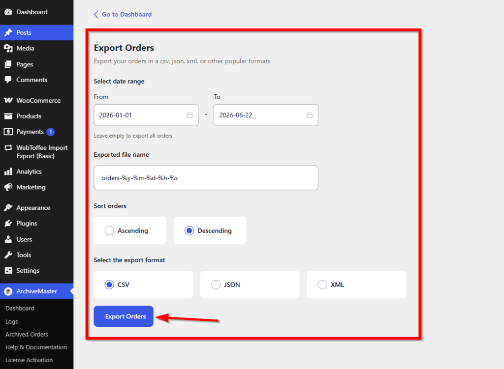 Export Order Menu