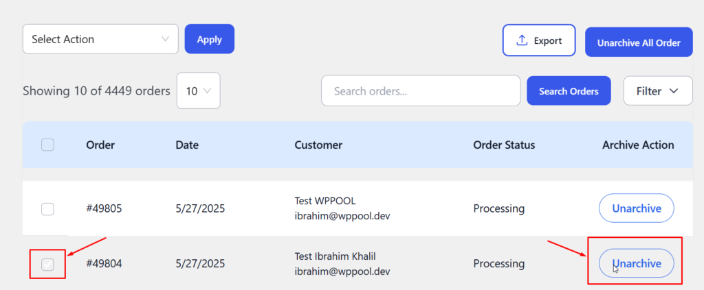 UnArchive Order Specific