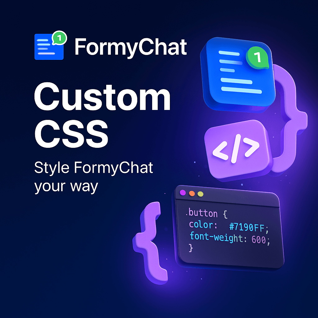 FormyChat logo with Custom CSS feature arrow, symbolizing creativity and customization for WordPress chat plugin