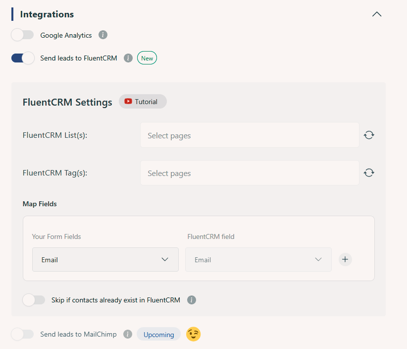 FluentCRM integration settings inside FormyChat WordPress chat plugin dashboard