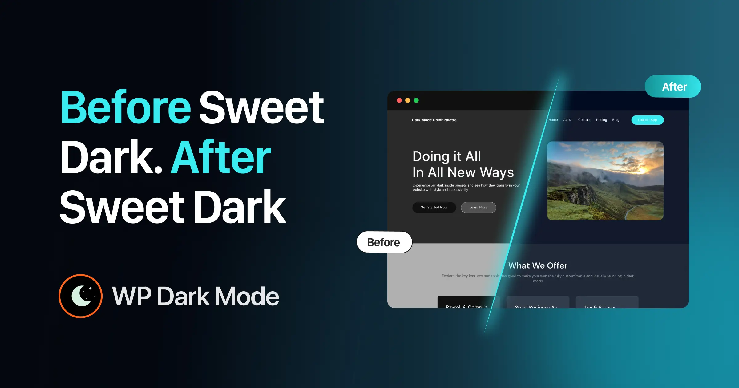 WP Dark Mode Sweet Dark Theme- Before and After comparison