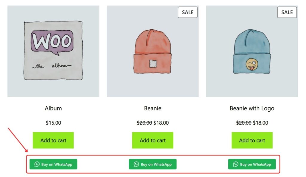 WooCommerce shop page displaying Buy on WhatsApp buttons added by FormyChat