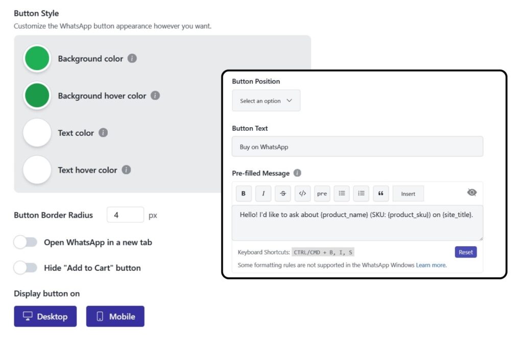 FormyChat WooCommerce WhatsApp button customization settings including button style, position, and pre-filled message