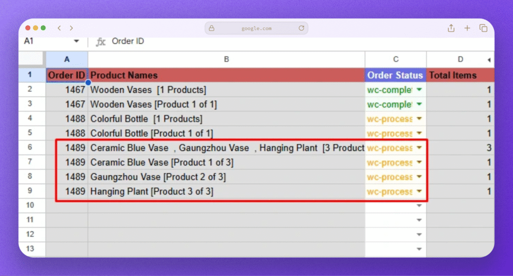 FlexOrder showing WooCommerce products in separate rows in Google Sheets.