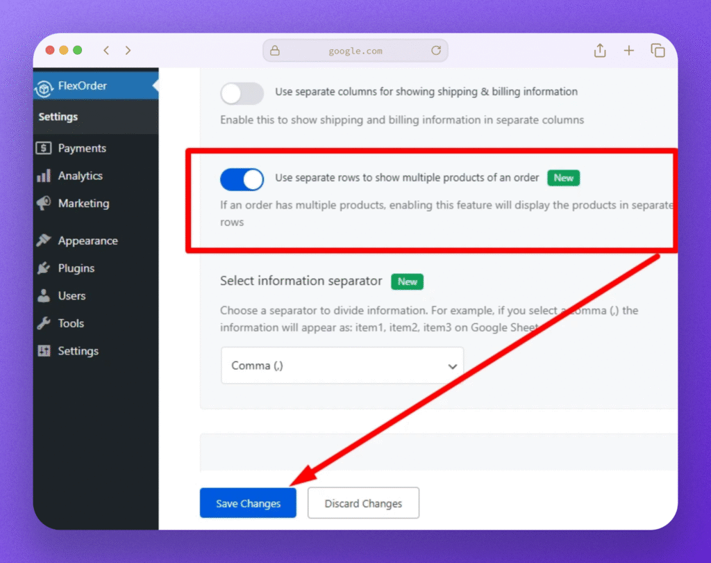 FlexStock Dashboard of WooCommerce order into multiple rows in Google Sheets.