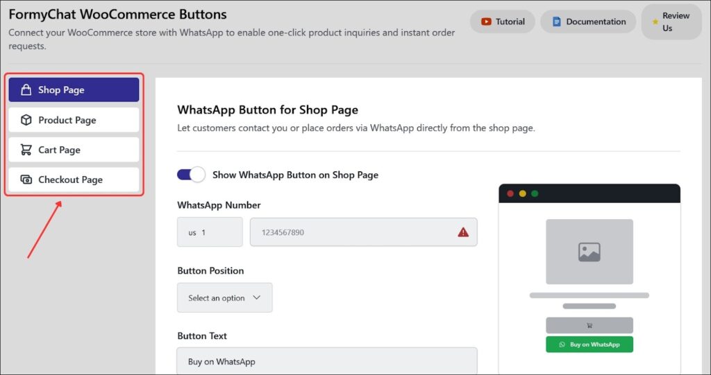 FormyChat WooCommerce integration settings showing WhatsApp buttons for shop and product pages