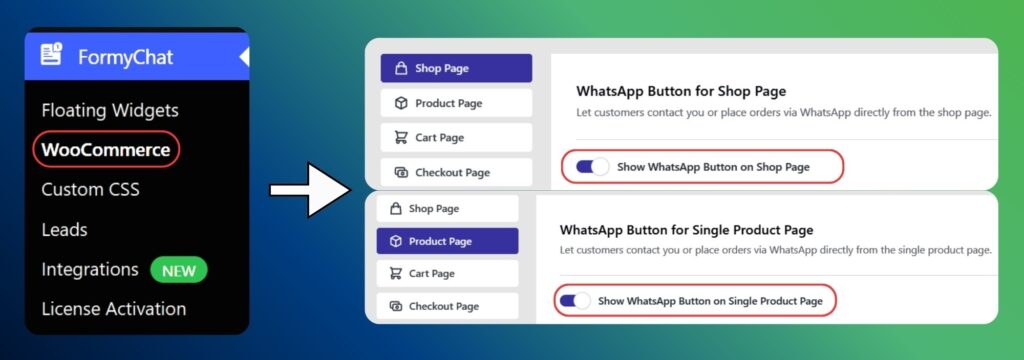 FormyChat WooCommerce settings showing how to enable the WhatsApp button on shop and single product pages