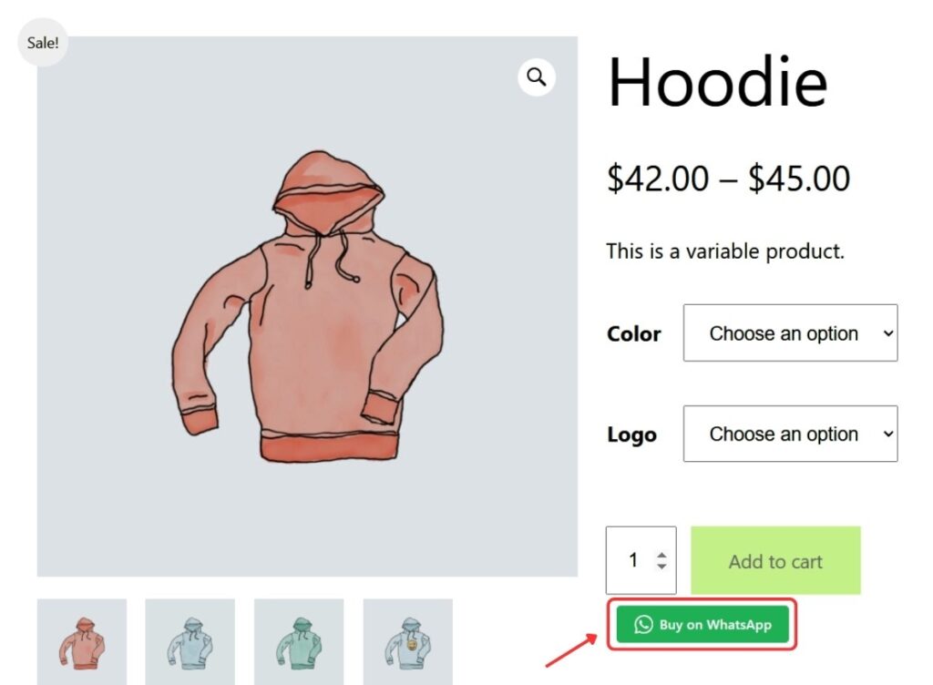 WooCommerce product page showing a Buy on WhatsApp button added by FormyChat