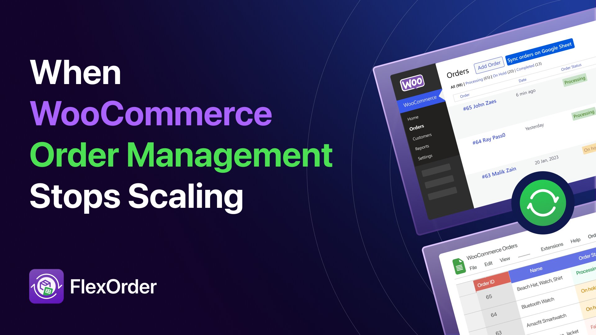 Infographic illustration of a two-way synchronization process: a chaotic WooCommerce product dashboard transferring data via sync arrows to a clean, organized spreadsheet workspace labeled 'Google Sheets'. This process resolves 'Dashboard Chaos' as shown in the blog header