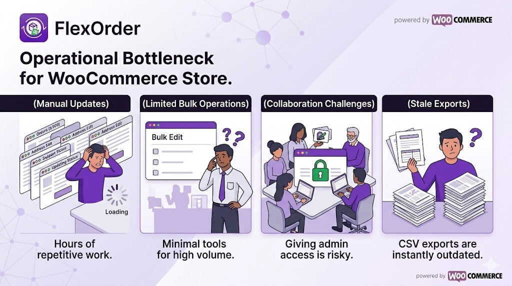 Infographic depicting four major operational bottlenecks for WooCommerce stores: manual order updates causing repetitive work, limited bulk edit tools for high volume sales, security risks of giving admin access for collaboration, and stale CSV exports that become instantly outdated. Highlighting the need for a live WooCommerce Google Sheets integration.