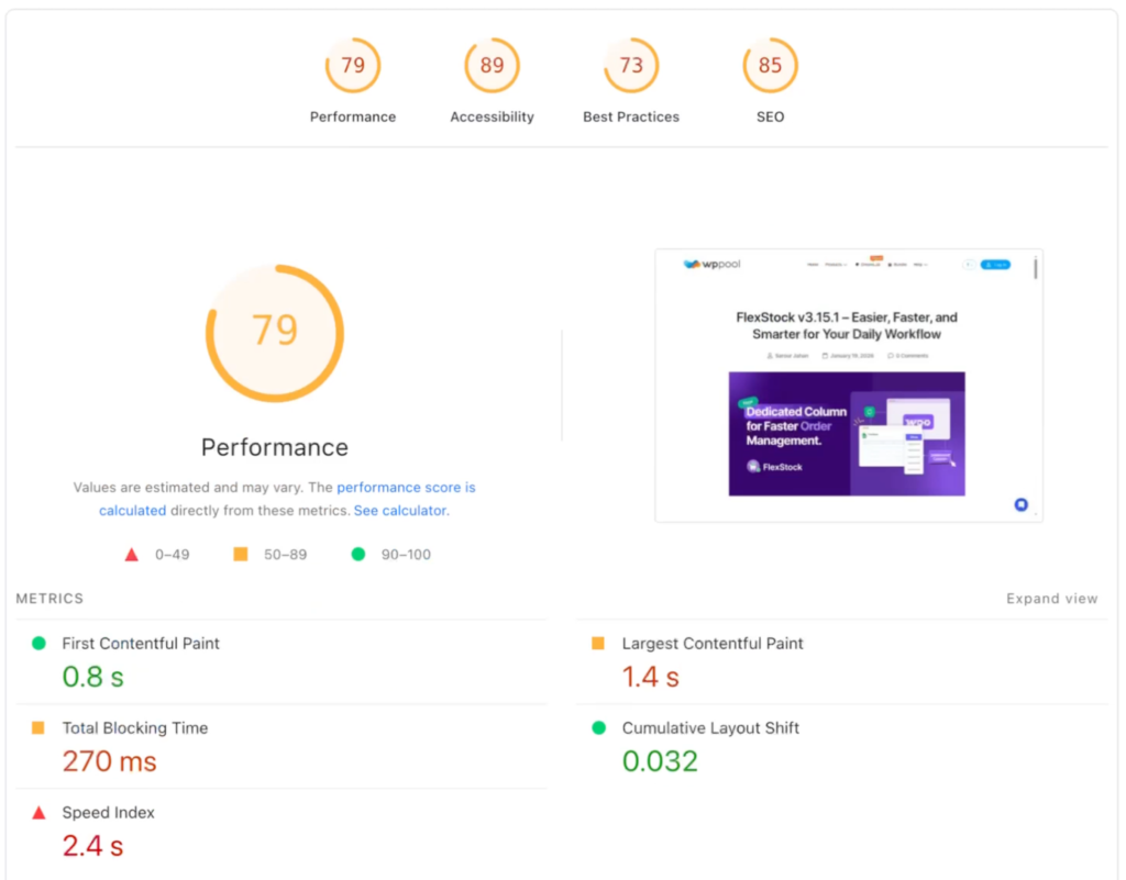 Google Page Speed insight showing slow page speed