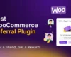 A promotional banner for a digital product with a purple grid background and a warm yellow glow at the bottom. The main headline on the left reads "Best WooCommerce Referral Plugin" in bold white and yellow text, with the subtext "Refer a Friend, Get a Reward!" below it. On the right, a cartoon speech bubble displays the "Woo" logo above two illustrated user avatars connected by a dotted line with floating gold coins. Next to the avatars is a white user interface card titled "Refer & get rewarded" that displays a sample purple referral coupon code "OY8J7J6L" alongside "Copy" and "Share" buttons.