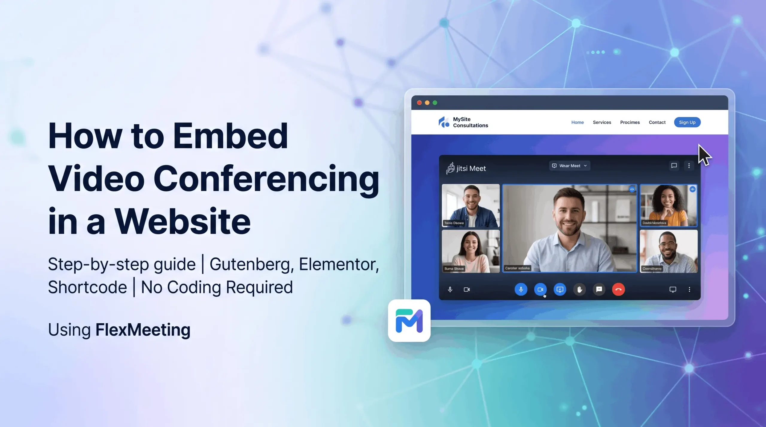 SaaS-style featured image showing how to embed video conferencing in a website using FlexMeeting